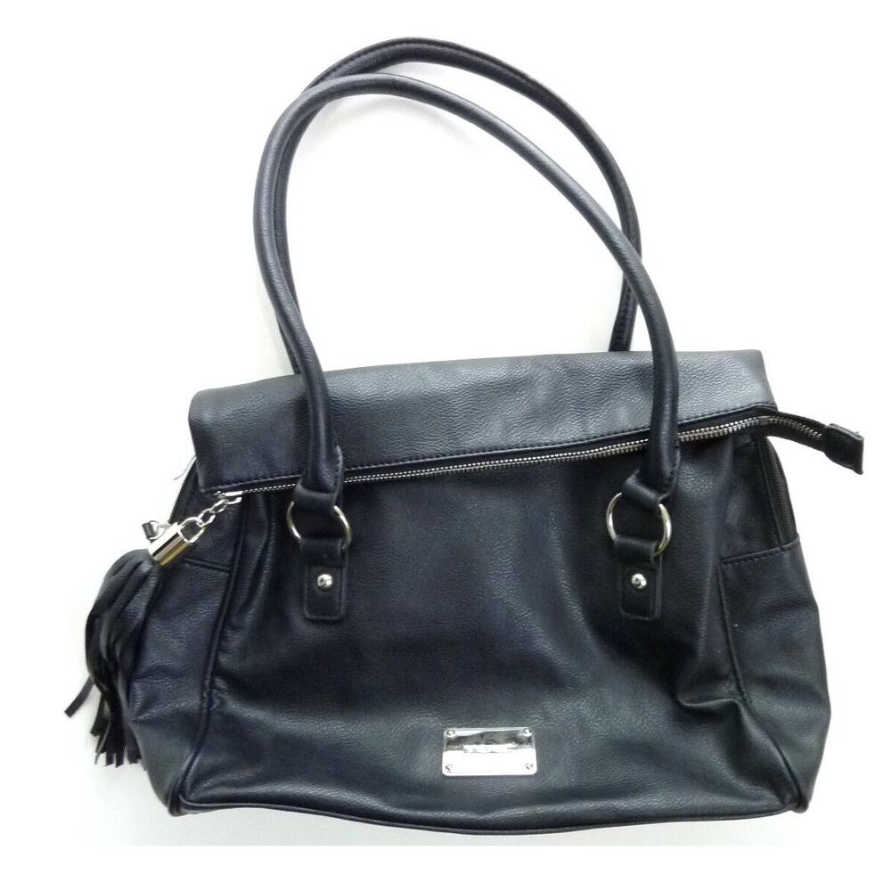 Nine West Black Faux Leather Foldover Bag Tassel Crossbody Messenger Handbag